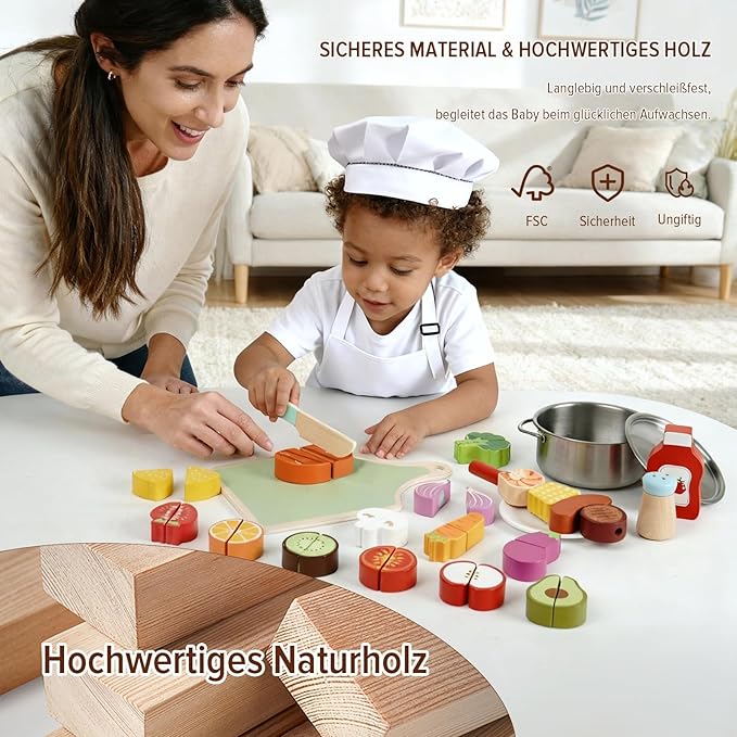 Wooden Play Food Set for Toddlers,Cutting Food for Preschool Activities, Pretend Play Kitchen Accessories for Kids, Fake Food Kitchen Toys for Boys & Girls