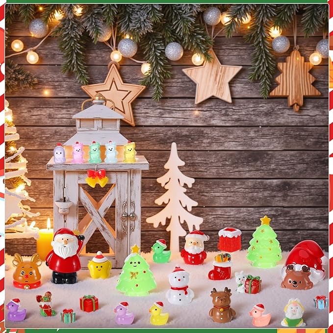 47PCS Mini Christmas Luminous Figurines Christmas Resin Miniatures Glow in The Dark Tiny Figures to Hide Small Snowman Figures for Xmas Goodie Bag Mini Presents for Crafts