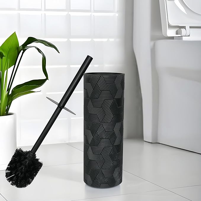 Indecor Home Matte Black Geo Design Resin Toilet Bowl Holder and Brush Set, Stylish Geometric Design with Durable Bristles, Compact and Modern