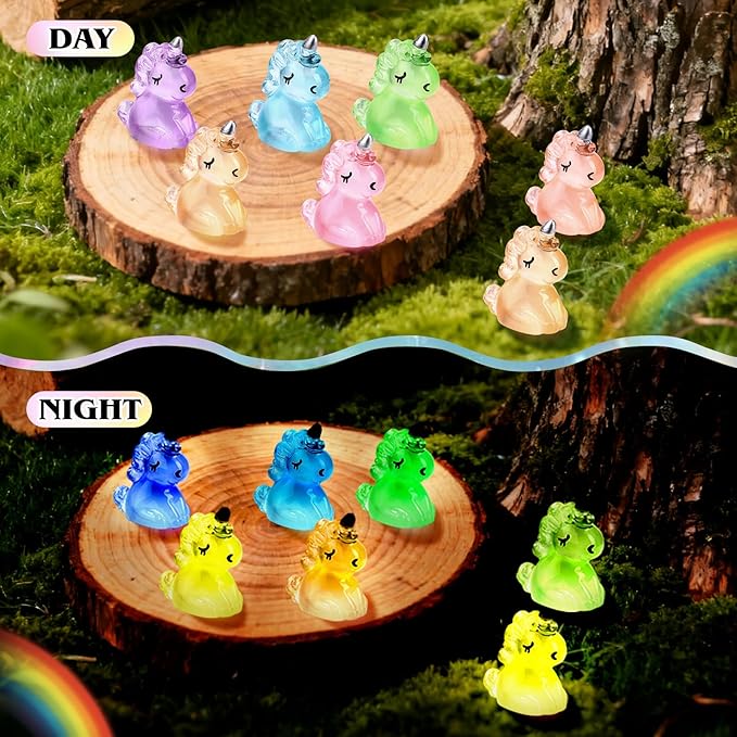 120Pcs Luminous Mini Resin Unicorn Figurines Glow in The Dark Tiny Unicorn to Hide Bulk Plastic Animals for Micro Landscape Fairy Garden Aquarium Dollhouse Birthday Party DIY Crafts Decor