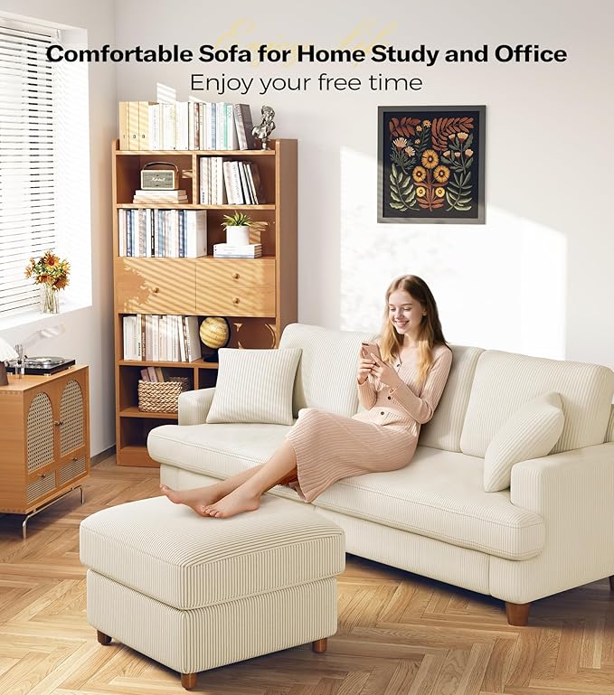 87in Corduroy Couch, Kidirect Sofa No Tool Assembly, Comfy Couches for Living Room 21in Deeper Seats, Corduroy Sofas for Living Room with 2 Pillows, Oversized Loveseat Sofa, Boho Love Seat Beige Couch