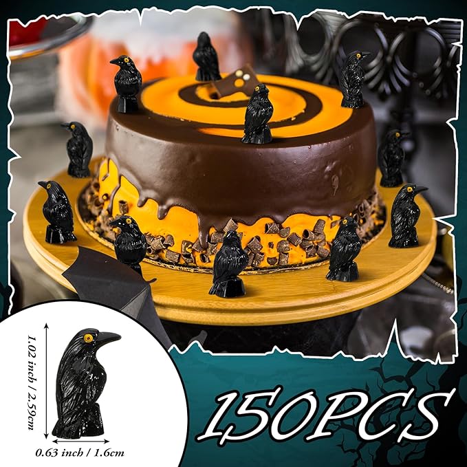 150 Pcs Miniature Crows Decor Mini Resin Crows Figures Black Raven Figurines Tiny Resin Animals for Holiday Scene Micro Landscape Spooky Party Table Decor