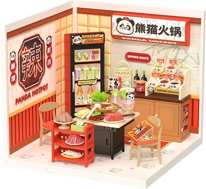 Rolife Super Creator DIY Miniature Plastic House Building Set Playset with LED, Suitable for Mini Figures Construction Toys Diorama Kit Gifts for Teens Adults (Panda Hot Pot)