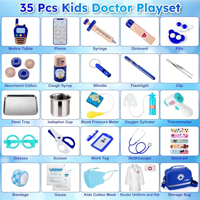 EFO SHM Doctor Kit for Kids, 35 Pcs Kids Doctor Kit for Toddlers 3-5 with Medical Storage Bag & Real Stethoscope, Pretend Play Doctor Set for Fun Role Playing Game