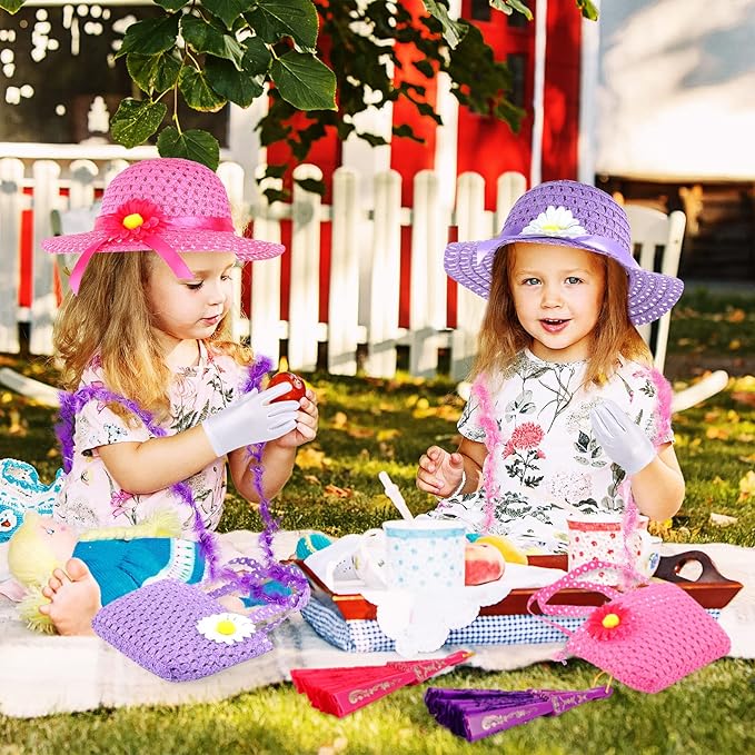 10 Pcs Girls Tea Party Set Includes Tea Party Hats Bonnets Fan Gloves Small Pink Purse Feather Boas Dress up Sets for Little Girls Kids Children Birthdays Easter Party Supplies Accessories