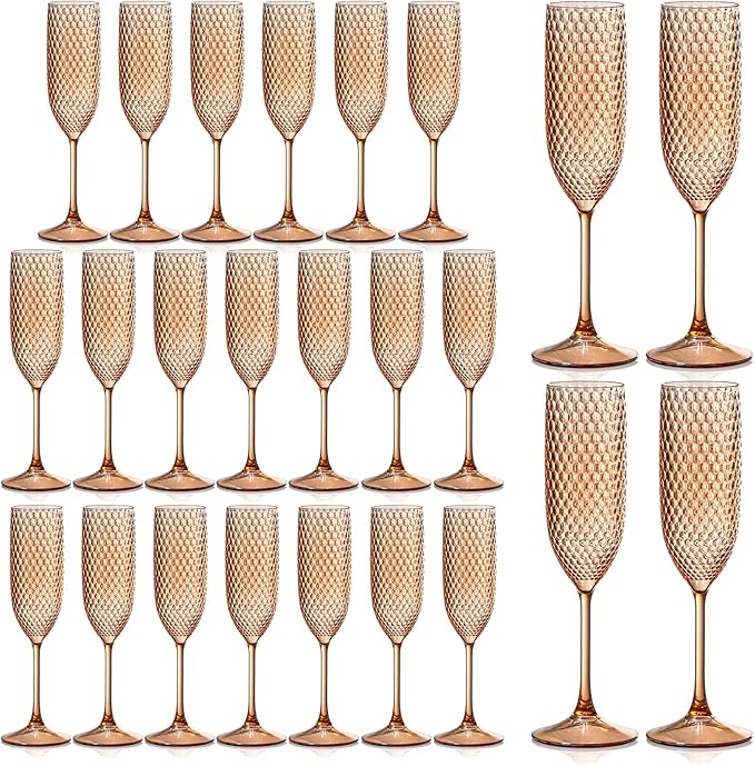 24 Pack Plastic Champagne Flutes Rose gold Champagne Glasses Unbreakable Wedding Toasting Glasses Diamond Wine Glasses Crystal Clear Party Wine Cups Vintage Drinking Glasses 5.5 OZ for Bridal Shower