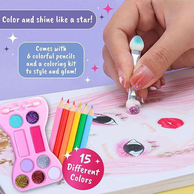 BSCOOL Make-up Artist. 3 in 1 Fun Makeup, Sticker, Coloring Kit, Includes Color Pencils, Makeup Palette, and 200+ Stickers. for Girls Ages 5,6,7,8. Christmas Gift for Girls