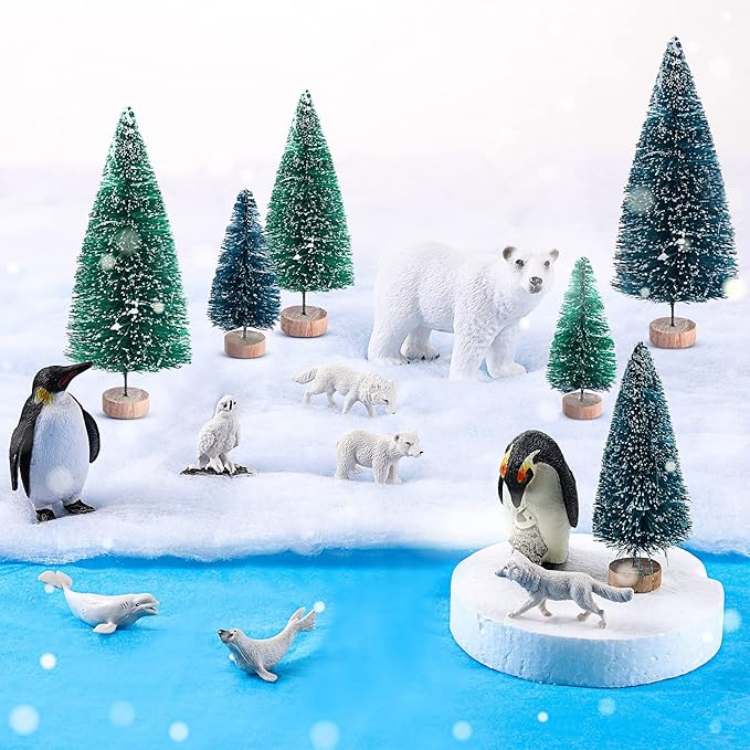 19 Pcs Arctic Animals Figurines Set, Arctic Animals Habitat Diorama, Polar Animal Figurine Polar Bear Penguin Figurines Toys Model Pine Trees Artic Diorama Supplies for DIY Crafts Gifts School Project