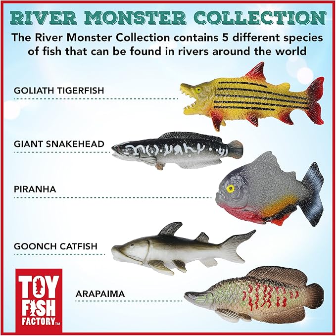 River Monster Collection Toy Fish Set With Collector Case | Piranha | Arapaima | Goliath Tigerfish | Giant Snakehead | Goonch Catfish Toy Miniature Figurine Fish by Toy Fish Factory