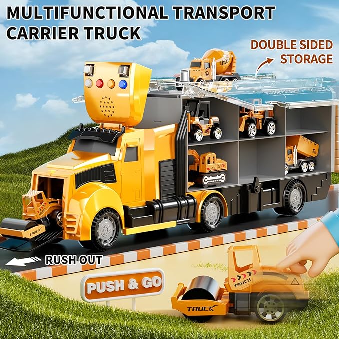 Construction Trucks Toy Set with Play Mat, Carrier Truck Play Vehicles Set for 3 4 5 6 Years Old Boys Kids, Die-Cast Car Toy for Toddlers 3-4 Years, Birthday Gifts Toys for 3-9 Year Old Boys