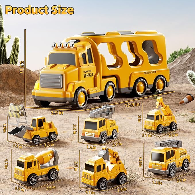 Construction Trucks Toys for 2 3 4 5 Years Old Boys - 7-in-1 Carrier Transport Vehicle Trucks for Kids 1-3 3-5, Car Toys with Light Sound, Birthdays Gifts Set for Kids Age 3-9