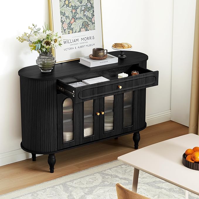 47'' Fluted Sideboard Buffer Cabinet with Drawer, Modern Credenza Storage Cabinet, Bar Cabinet Console Table with Tambour Sliding Side for Living Dining Room Kitchen Hallway Entryway, Black