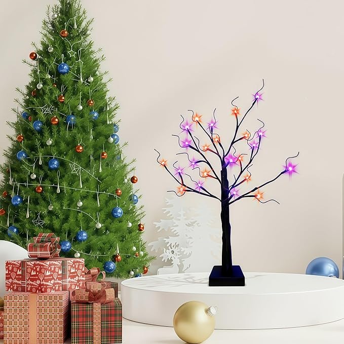 HipTree 2-Pack Lighted Halloween Christmas Fall Tree Decorations Indoor, 2ft Black Birch Tree with LED Lights, Small Tabletop Christmas tree with lights, Warm White Battery- Powered Fairy Light Spirit