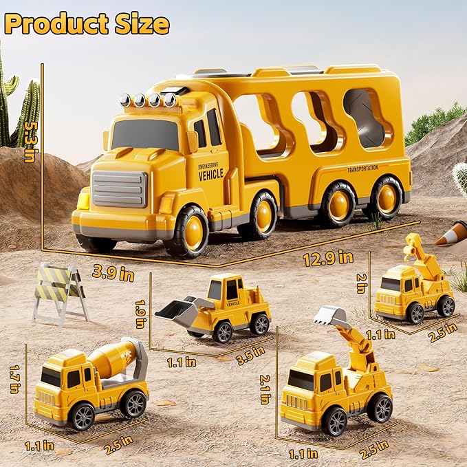 Construction Trucks Toys for 2 3 4 5 Years Old Boys - 5-in-1 Carrier Transport Vehicle Truck for Toddlers 2-4 Years with Crane, Mixer, Pushdozer and Excavator, Car Toys Birthdays Gift