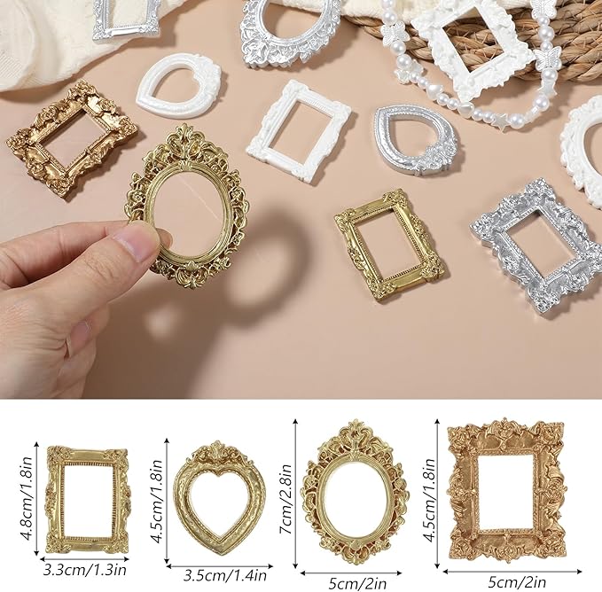 12 Pcs Miniature Dollhouse Accessories Gold Foil Mini Picture Frames Set Dollhouses Ornaments for Crafts Victorian Baroque Style Dollhouse Frames in Gold Silver White for 1/12 Scale Display