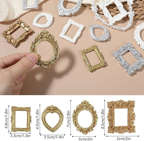 12 Pcs Miniature Dollhouse Accessories Gold Foil Mini Picture Frames Set Dollhouses Ornaments for Crafts Victorian Baroque Style Dollhouse Frames in Gold Silver White for 1/12 Scale Display