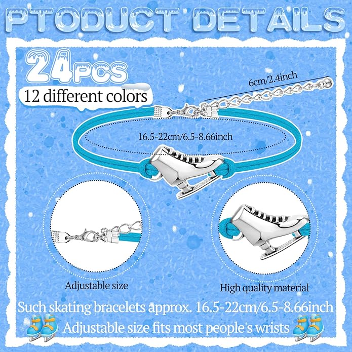 Funtery 24 Pcs Ice Skating Party Favors Colorful Ice Skating Bracelet Skater Birthday Gifts Sports Goodie Items Bulk for Women Men Skater Lover