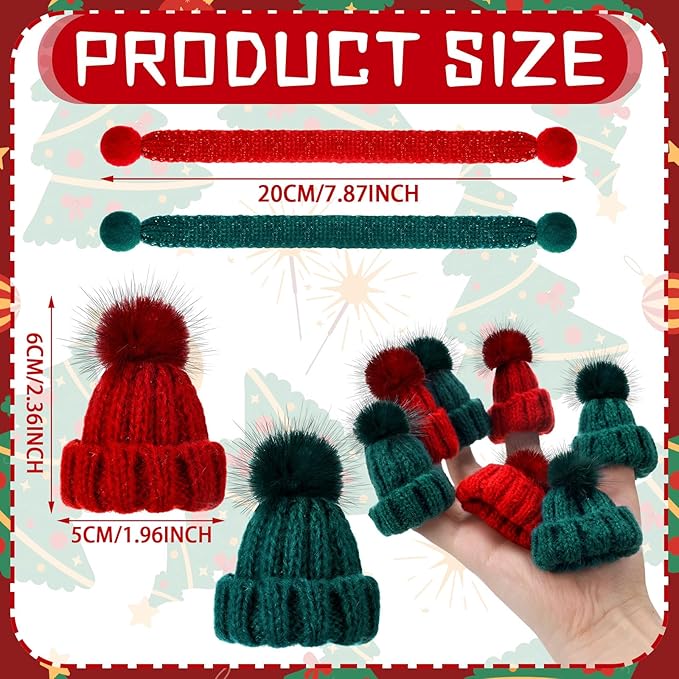 Bencailor 24 Pcs Mini Christmas Knitting Hats and Mini Christmas Scarf Set Knitting Doll Hat Scarf Santa Knit Hat Tree Ornaments for DIY Craft Art Doll Decoration (Red,Green)
