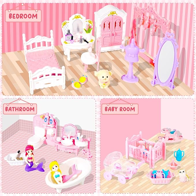 92 Pcs Miniature Furniture Set Accessories Mini Furniture Plastic Bedroom Living Room Bathroom Kitchen Kit Small Pink House for Birthday Gift