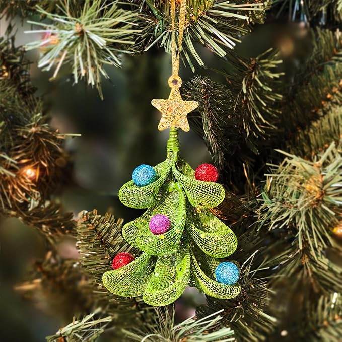 XMIAOX Mini Metal Christmas Tree, 5.9" Handcrafted Wire Mesh Tree Tabletop Hanging Ornament with Star Tree Topper & Colorful Glitter Balls, Sparkling Holiday Decoration for Desk, Shelf & Home Décor