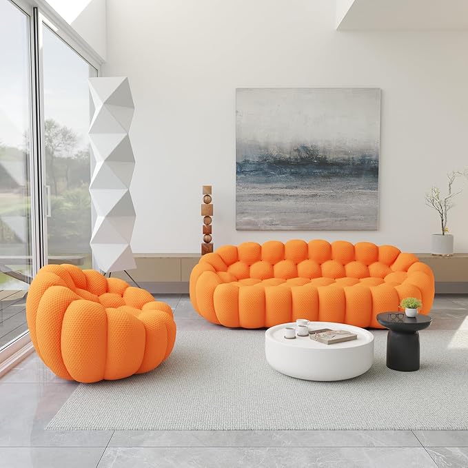 JACH 3 Seater Bubble Sofa and Single Seat Curved Couch, Comfy Upholstered Sofa, Mesh Fabric 3D Honeycomb Shape Modern Couch for Living Room, Office, Apartment, Small Space (Orange)