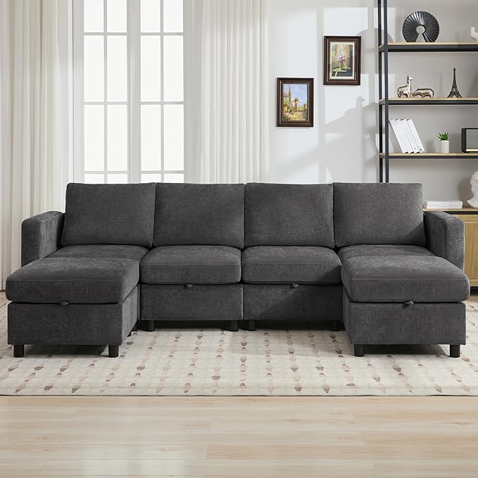 25" Square Storage Ottoman for Modular Couch, Convertible Footrest with Hidden Compartment, Chenille Upholstered Coffee Table & Extra Living Room Seating, Dark Grey