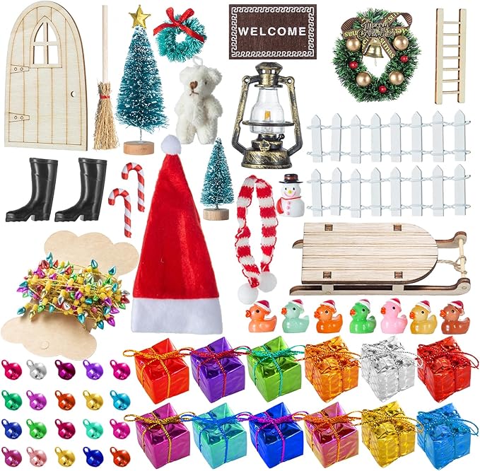 61Pcs Doll House Christmas Hat Decoration Miniature Dollhouse Accessories String Fake Light Door Mini Xmas Tree 1:12 Model Pretend Toys DIY Festival Party Wreath Snowman Fairy Cane Candy Garden