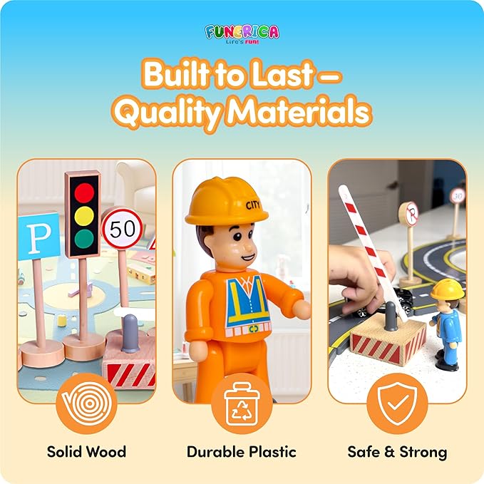 20-Piece Set Wooden Road Signs for Kids – Traffic Signs with Action Figures for Kids - Traffic Lights, Street Signs, Stop Sign, Toy People, Construction Workers, Community Helpers & Police Figures