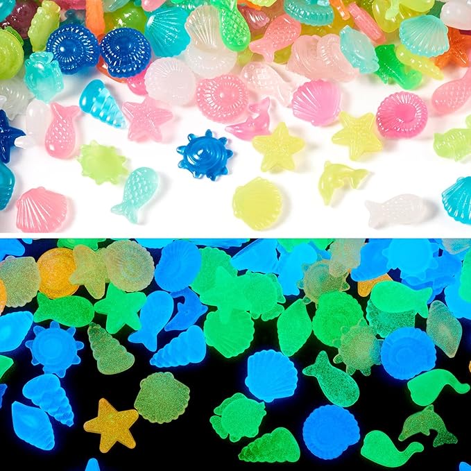 Beadthoven 300Pcs Glow in The Dark Sea Shells Starfish Luminous Pebbles Plastic Seashells Conch Sea Animal Glow Stones for Table Scatters Beach Mermaid Party Decoration Vase Fillers DIY Crafts
