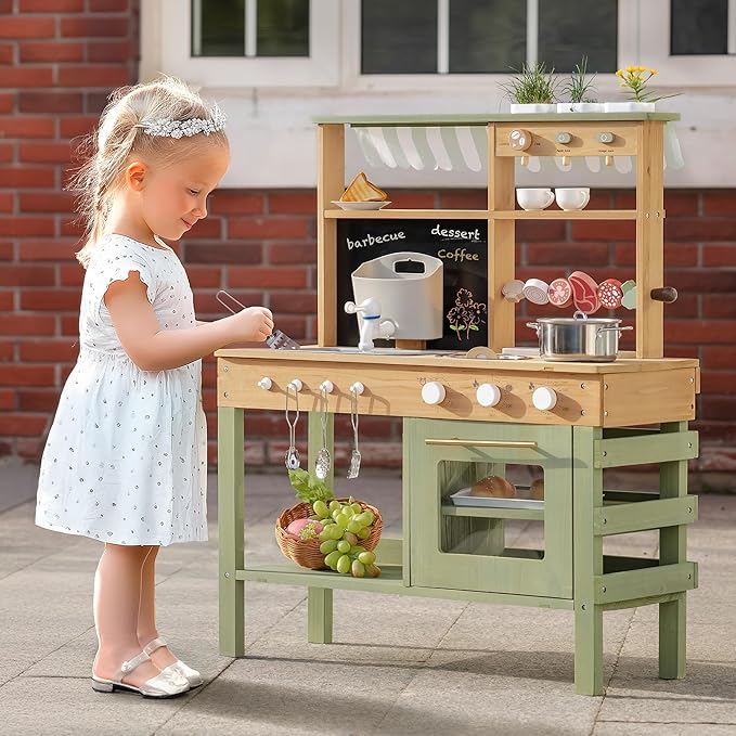 ROBOTIME Mud Kitchen for Kids, Outdoor Wooden Playset with Mud Kitchen, Sink, BBQ Grill, Coffee Maker, Planting Area & Oven, Pretend Play Kitchen for Outdoor Fun Ages 3+