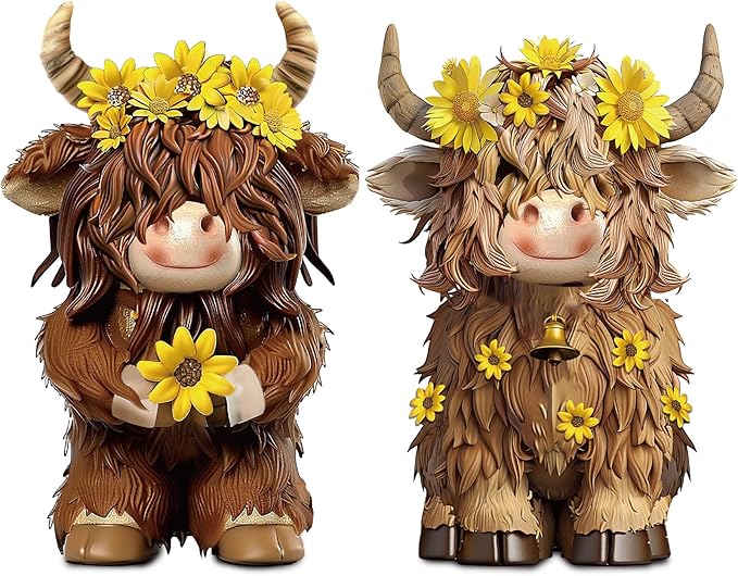Burbell 2 Pcs Highland Cow Figurines Decor Cow Gnomes with Sunflower Resin Statue Calf Lovers Gifts for Farmhouse Home Garden Bathroom Kitchen Office Tiered Tray Table Decor