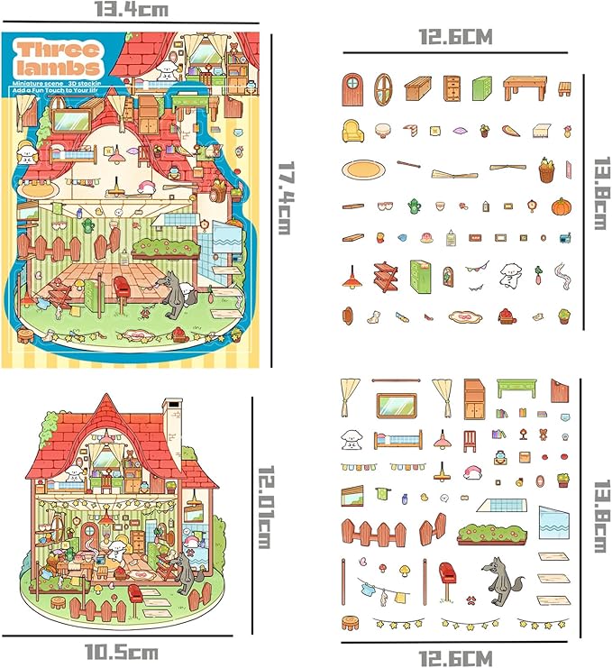 DIY 3D Sticker Scene,6 Sets of Kawaii Miniature Scenic House Stickers,Cozy Room Stickers Therapy Scenes for Adults and Kids Stress Relief Pass The Time and Gifts (Z-1)