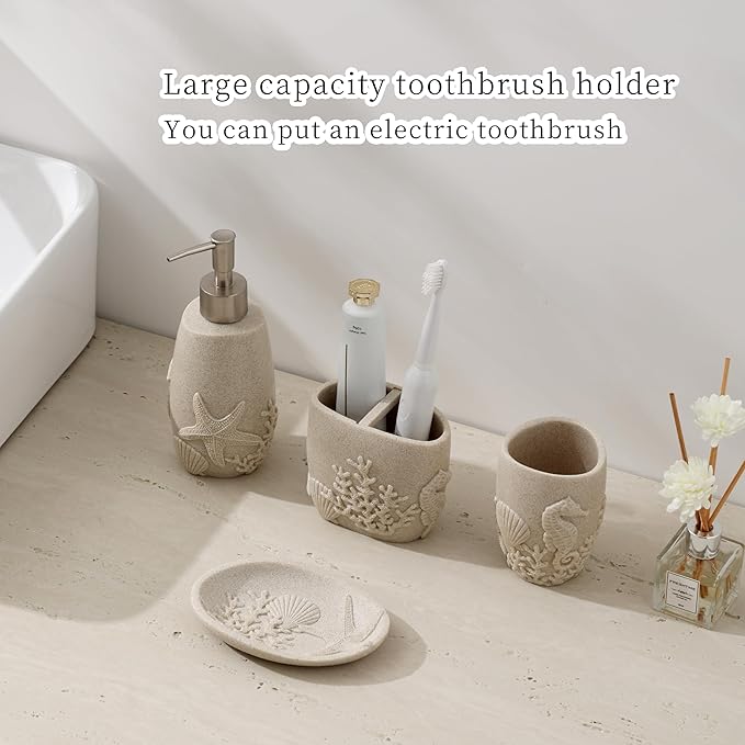 Haocoott Bathroom Accessories Set, 4 PCS Bathroom Accessory Sets with Soap Dispenser, Toothbrush Holder, Tumbler, Soap Dish, Bathroom Countertop Organizer, Sea Bathroom Decor (Beige)