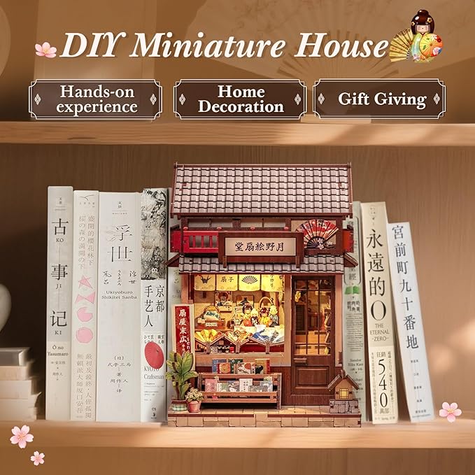 CUTEBEE Book Nook Kit - DIY Miniature House Japanese Fan Shop Dollhouse Kit for Adults and Teens, Booknook Tiny House Bookshelf Decor 3D Wooden Puzzle, Gifts for Family, Friends (Tsukino Eogi-dou)