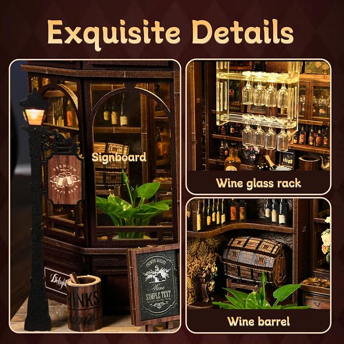 Book Nook Kit for Adults DIY 3D Wooden Miniature House with LED Light, Holiday Theme Dollhouse Craft for Bookshelf Decor Creative Christmas Halloween Birthday Gift for Friends & Family, Corner Tavern