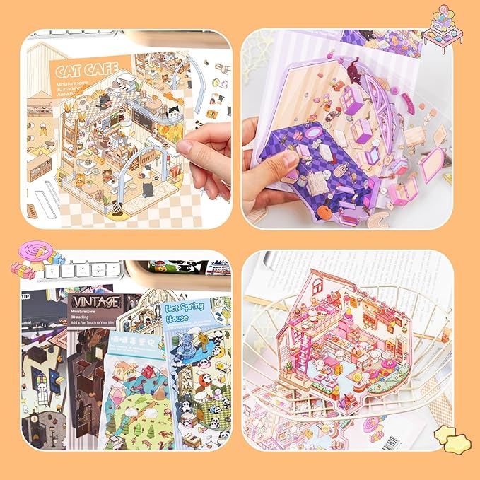 24 Sets 3D Scene Sticker Therapy Fun Cartoon Make Your Own Room Shop Scenes DIY House Stickers for Kids Cartoon Animal Relief Stress Own