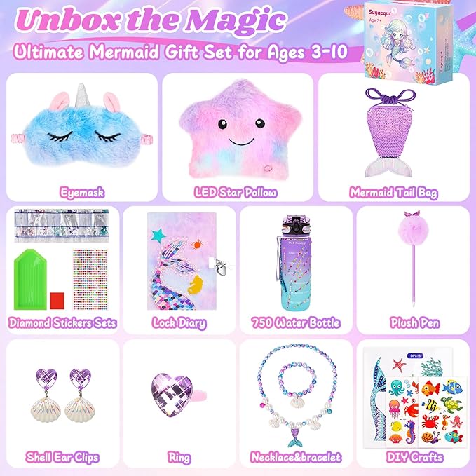 Mermaid Toys Gifts for Girls Age 4-6 7 8 9 10, Unique Girls Birthday Gifts Set with Locked Diary, Kids Purse, Plush Light Up Star Pillow, DIY Water Bottle Kits, for Christmas