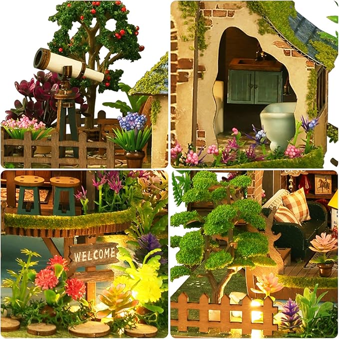 DIY Miniature House Kit - Mini House Building Kit for Adults to Build, Wooden Miniature Dollhouse Kit with LED Light, Tiny Model Adult Crafts Doll House Miniature Kit, Unique Gift, Forest Adventure