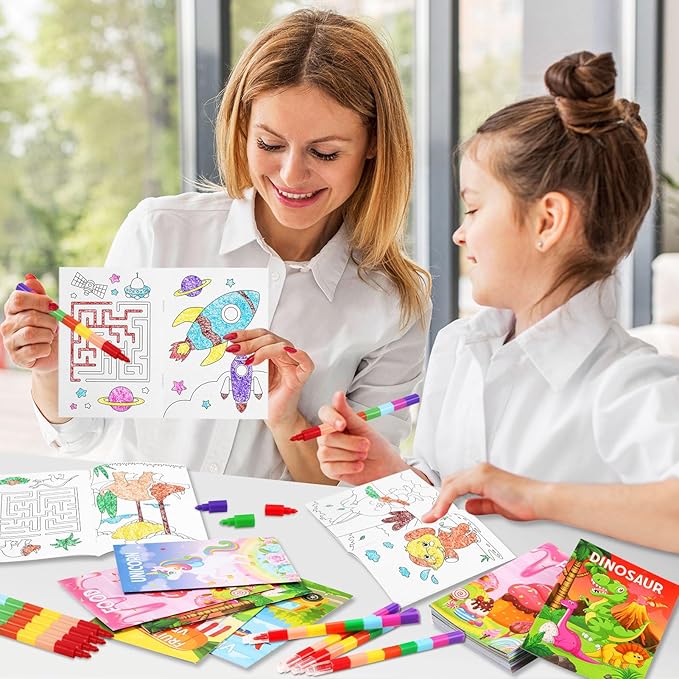 BenLouis Coloring Books for Kids With Stacking Crayons Set Mini Coloring Books Bulk for Ages 4-8-12 Small Activity Books for Birthday Party Gifts Goodie Bags Stuffers Travel（12+12Pcs Classic）