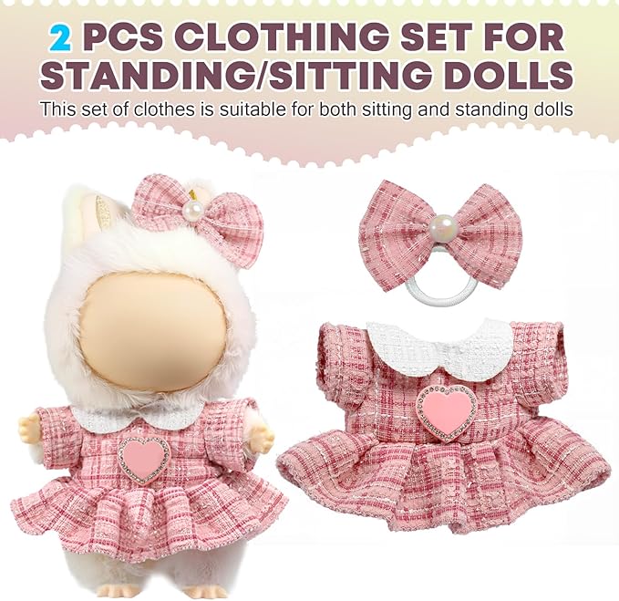 Clothes for LABUBU Doll (NO Doll), Luxury Chic Style 2-Piece Accessories for LABUBU 17cm Dolls, Premium Fashion Outfits for LABUBU - Bow Headdress + Plaid Tweed Dress (Pink)