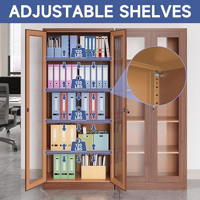 Display Cabinet with Glass Doors, Display Case Cabinet for Collectibles, Curio Display Cabinet with 4 Adjustable Shelves, 71" Glass Display Cabinet for Home Living Room (Wood Color)