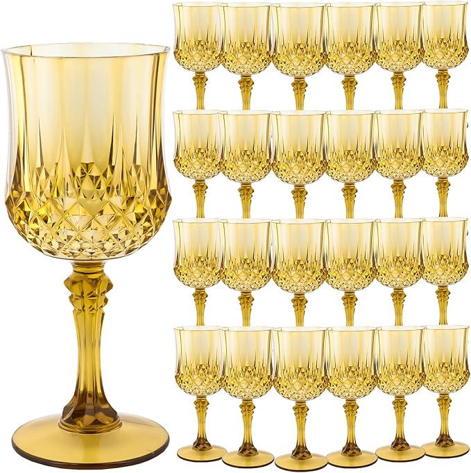 LEYIQU Plastic Wine Glasses, Plastic Goblets Vintage Style Cordial Drinking Glasses for Valentine’s Day, Wedding Reception, Grand Event Party Supplies (24, Gold)