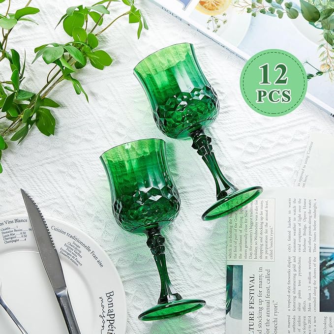 Pinkunn 12 Pcs 7 oz Plastic Vintage Wine Glasses Reusable Colored Goblets Patterned Drinking Water Glasses Cup Dishwasher Safe for Valentine's Day Wedding Reception Party Supplies (Green)