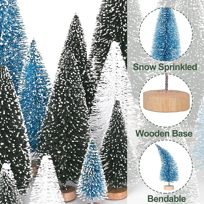 Waipfaru Christmas Decorations, Blue Bottle Brush Christmas Trees, 21 Pcs White Mini Christmas Trees, Miniature Pine Trees for Xmas Tabletop Crafts Indoor Table Home Decor (Blue & White)