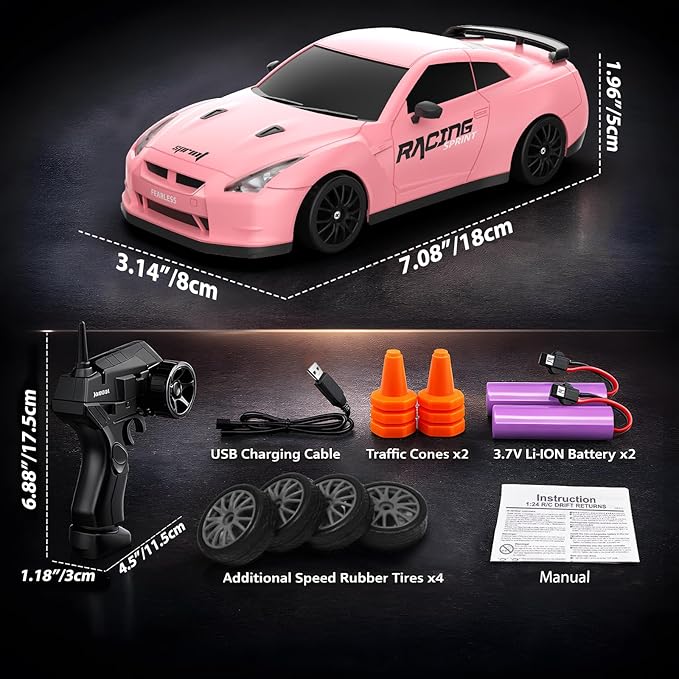 Remote Control Car RC Drift Car 2.4GHz 1:24 Scale 4WD 15KM/H High Speed Model Vehicle with LED Lights Drifting Tire Racing Sport Toy Car for Adults Boys Girls Kids Gift 2Pcs Rechargeable Batteries