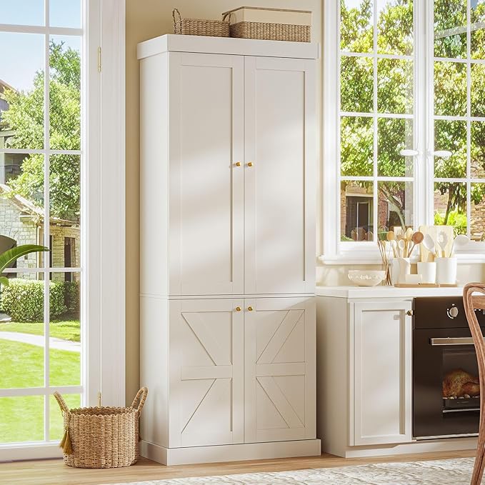 70.8" Tall Farmhouse Bookshelf, Modular Bookcase with Glass Doors, 6-Tier Adjustable Shelves, Large Storage Cabinet for Kitchen, Living Room, White, Set of 4