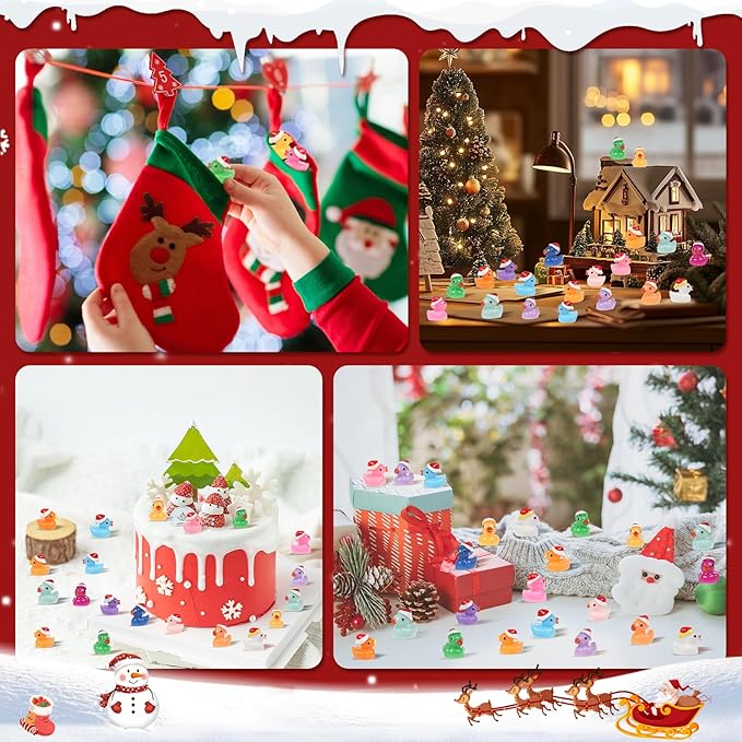 160 Pcs Small Christmas Ducks with Santa Hat, Mini Resin Ducks Little Plastic Duck for Xmas, Dollhouse Accessories, Micro Landscapes, Fairy Garden Home Decorations