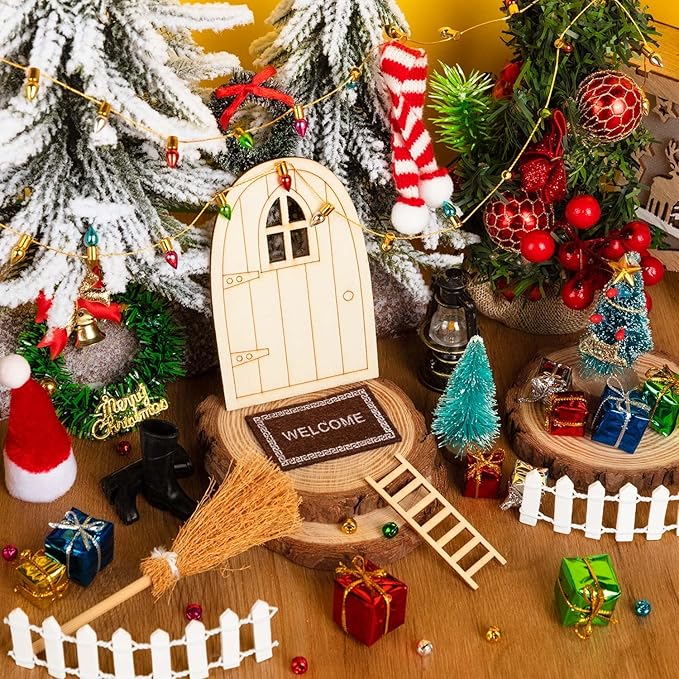 38Pcs Doll House Christmas Decoration, Miniature Christmas Dollhouse Accessories Fake Light Door Mini Xmas Tree 1:12 Miniature Scene Model Pretend Toys DIY Festival Holiday Party Favors