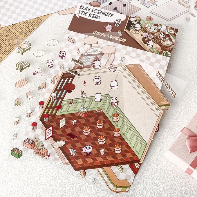DIY 3D House Stickers, 4 Set Fun DIY Stickers Scene Make Your Own Warm Home, Supermarket, Coffee Shop, Music Bar, Cute 3D Cartoon Scene Stickers for Adult Kids Relief Stress Pass The Time (XMPLUS)