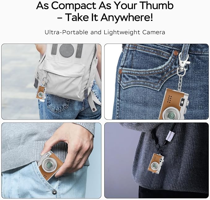 Mini Retro Camera with 1080P Video, 12MP Photos, Keychain Digital Camera, Ultra-Compact Tiny Camera with 32GB SD Card, OTG Adapter, Vintage Little Cameras for Travel, Daily Vlogging, Brown